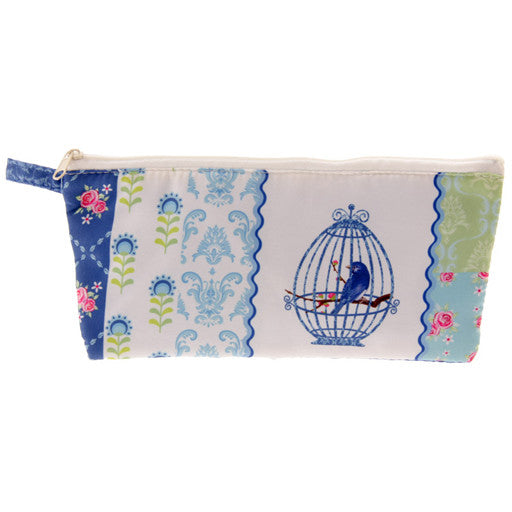 a colourful pencil case showing a caged bird