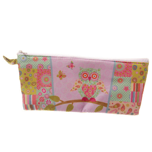 a pencil case with a colourful cartoon owl