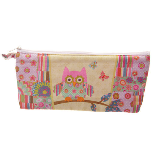 a pencil case with a colourful cartoon owl