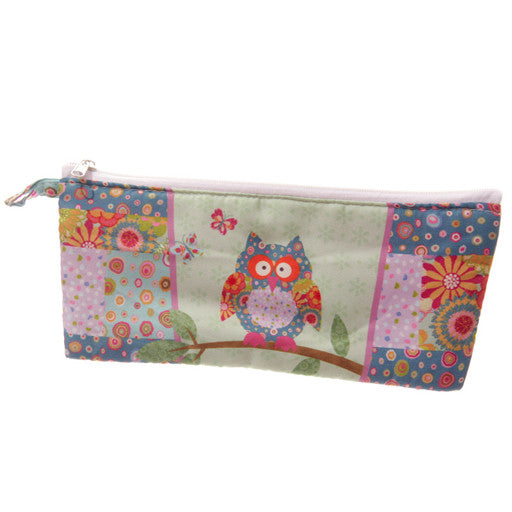 a pencil case with a colourful cartoon owl