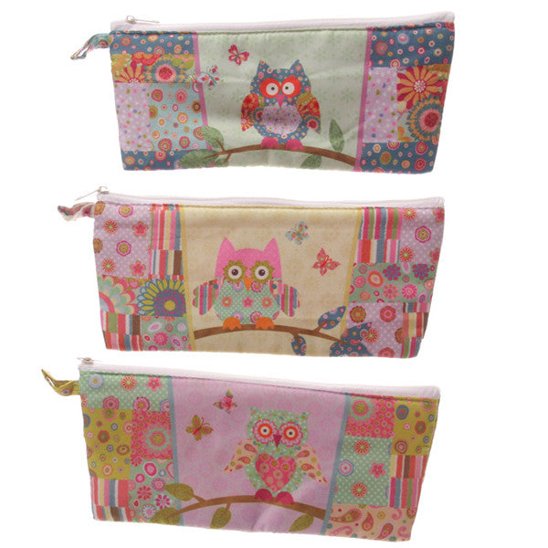 3 pencil cases with colourful cartoon owls 