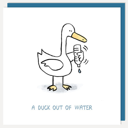 Line drawing showing cartoon duck shaking empty water bottle