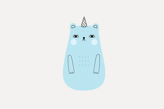 A blue cartoon bear with a party hat