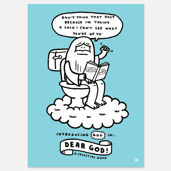 Cartoon depiction of god on the loo, typographical card