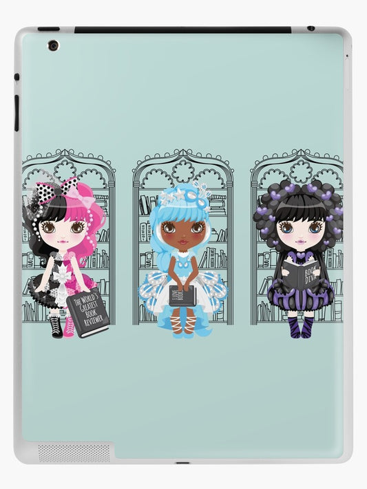 mint ipad skin, shows 3 diverse kawaii dolls