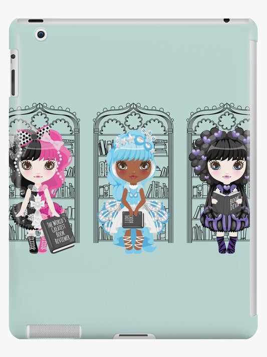 ipad snap case in mint green, shows 3 diverse kawaii dolls.