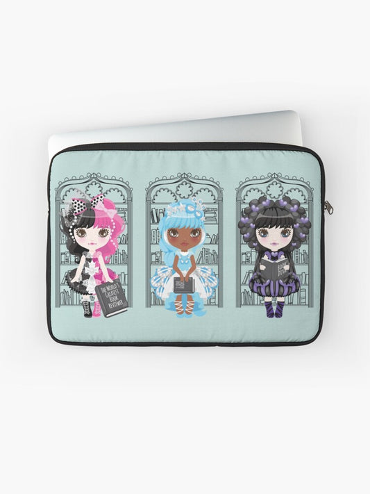 Book Diva Dolls Laptop Sleeve in mint green, shows 3 diverse kawaii dolls 