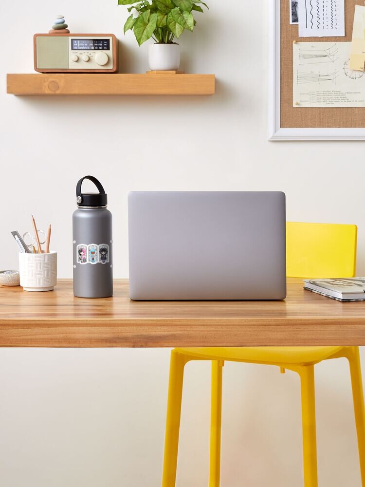 Various products on a table desktop including waterbottle with diva dolls sticker  