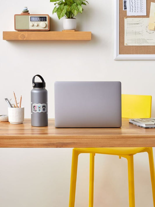 Various products on a table desktop including waterbottle with diva dolls sticker  